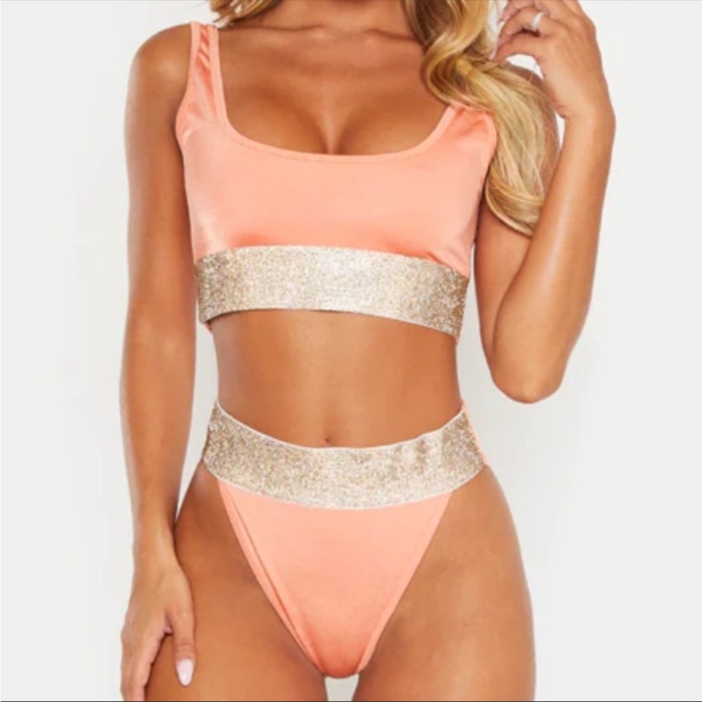 Peach diamante scoop neck bikini top